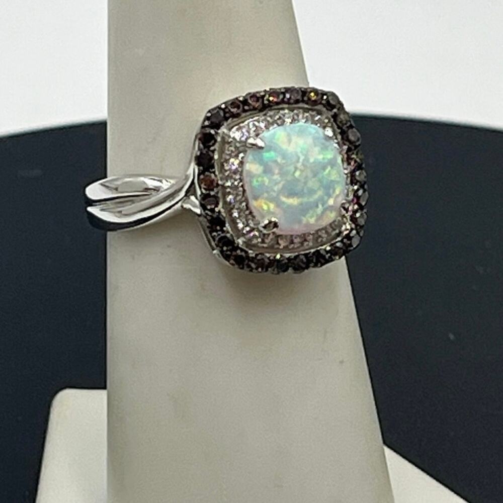 Zatos 925 Sterling Silver Cushion Cut 8mm Lab Opal Smoky Quartz Halo Ring Sz 7